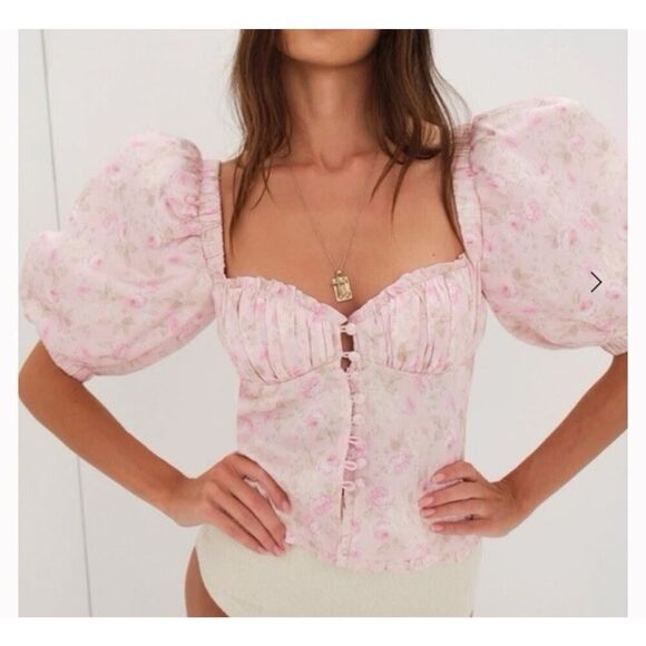 NWT For Love & Lemons Rhoda Pink Floral Puff Sleeve Blouse Size Small - Picture 3 of 12